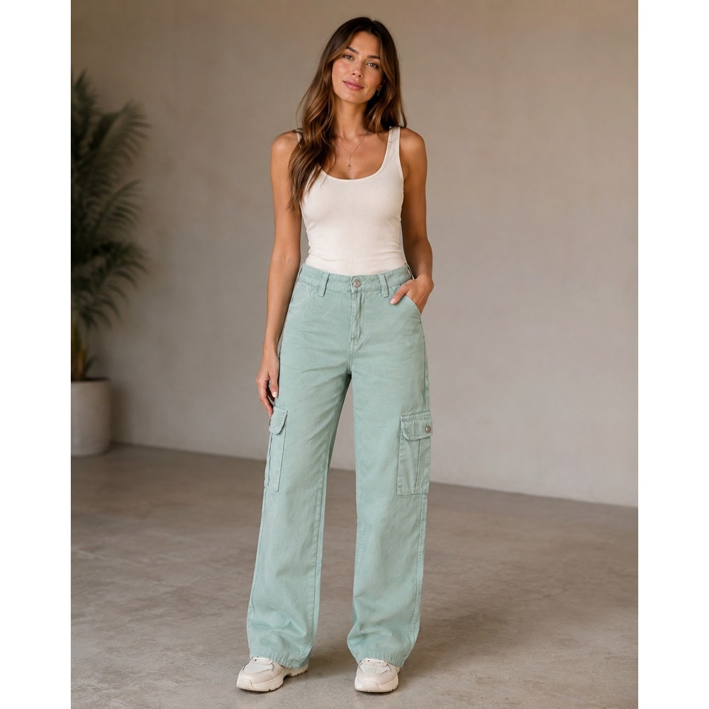 Y2K‎ Denim Pimkie Wide Leg Cargo Jeans Soft Grunge  30X30 Khaki Green Cargo 90s